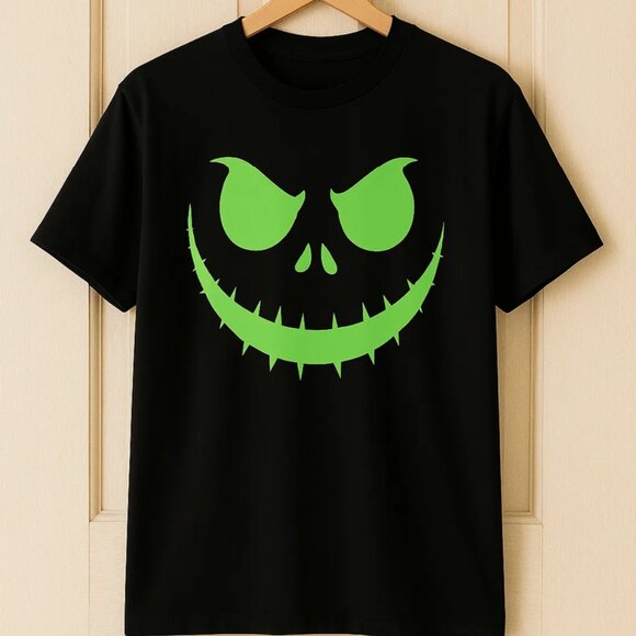 Halloween Face Tee Size L Black Neon Green Grinning Face Graphic Shirt - Picture 5 of 8